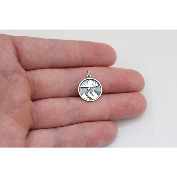 Sterling Silver Mountain Charm with Cloud and Bronze Lightning - Picture 1 of 4